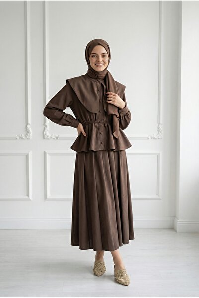 BENAHOLL Σετ με ελαστικό γιακά και φούστα για μωρά Deniz Beli-MF584 Καφέ