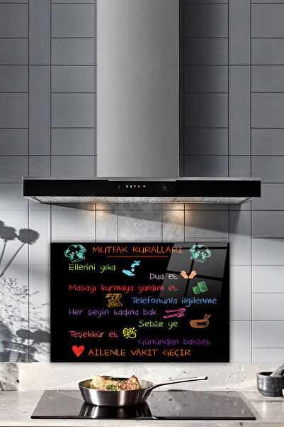 Decorita Cam Ocak Arkası Koruyucu | Siyah Fon - Renkli Mutfak Kuralları | 40c...