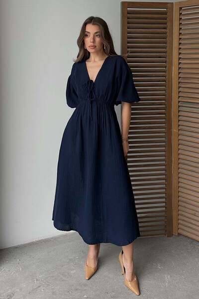 Olcay Φόρεμα μουσελίνας με ελαστική μέση με λεπτομέρεια με μισό μανίκι ΣΚΟΥΡΟ...