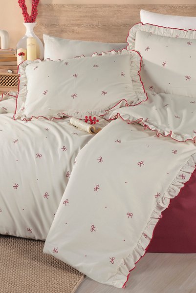 Karden Flower Rosalie Ruffled 100% Cotton Bow Double Duvet Cover Set - Fitted Sheet