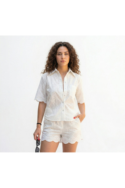 CAN ÇAPAR Γυναικείο Σετ Πουκάμισο με Βελονιά από Βούλα Και Σορτς - Λευκό Σετ ...
