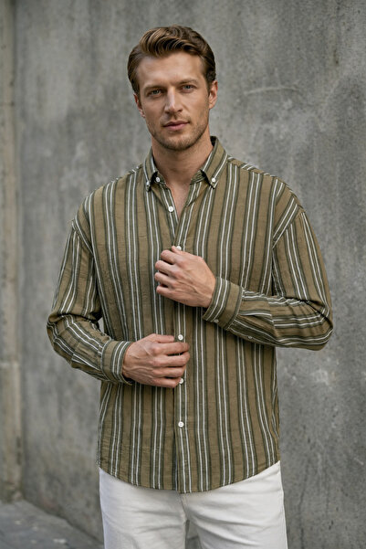 İLKCET MODA Thick Khaki Striped Men's Shirt with Wrinkle Effect