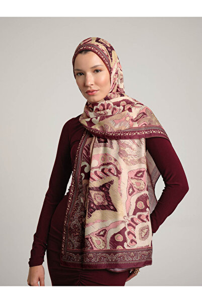 Ayshara Σάλι μονής όψης Glazed Motifs Με έθνικ μοτίβο - Ροζ Βουργουνδίας