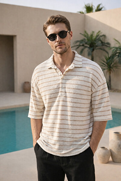 İLKCET MODA Button Collar Cream Half Sleeve Oversize Striped Tshirt