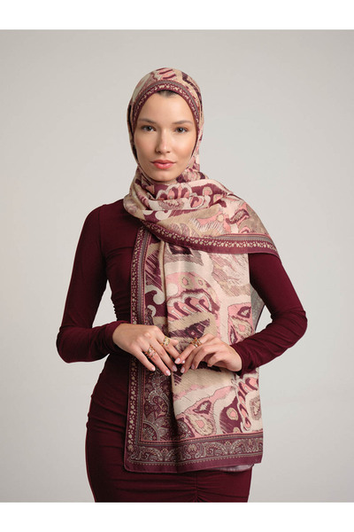 Ayshara Glazed Motifs Ethnic Patterned Single-Sided Shawl - Rose Burgundy
