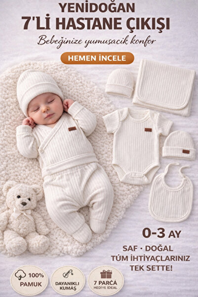 İZYALİF BABY Kız Erkek Bebek Organik 7li Hastane Çıkış Seti Battaniye Dahil P...