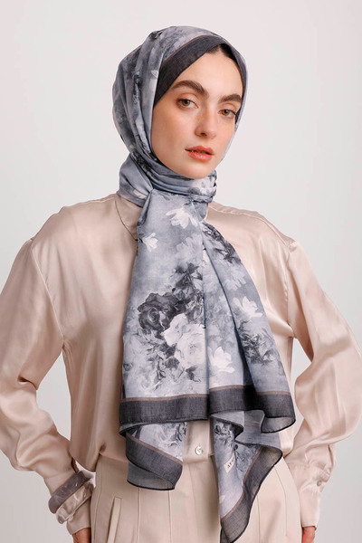 Ayshara Mühr-i Gül Με φλοράλ μοτίβο Μονόπλευρο Σάλι - Μαύρο Γκρι