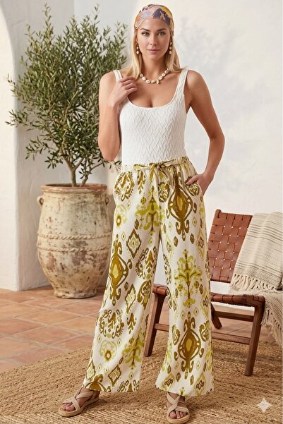 Cassime Women's Gold Floral Patterned Linen Palazzo High Waist Summer Trousers