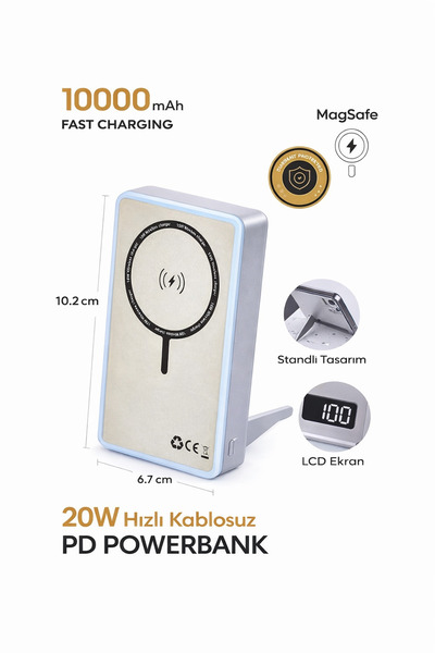 MO DOU 10000mAh MagSafe Kablosuz Powerbank 20W Hızlı Şarj USB-C PD Standlı LC...