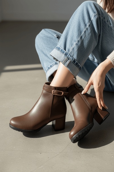 DİVOLYA Rober Brown Buckle Leather (5 cm Heeled) Daily Use Women's Boots