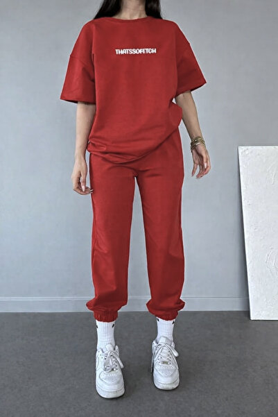 DUBU BUTİK Thatssofetch Κόκκινο T-shirt Φούτερ Παντελόνι Jogger - Σετ Φούτερ ...