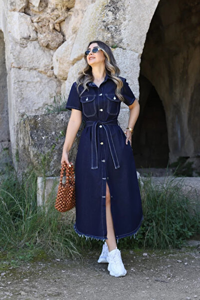 bytugcekaya Μπλε ναυτικό κοντομάνικο τζιν φόρεμα με ζώνη και τσέπες