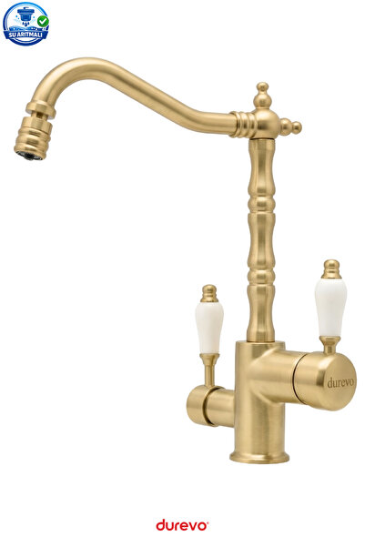 Rustic Vitange Kitchen Sink Faucet with water timing -Zen Design 360° Moving Head-Porcelain Handle-MATTE GOLD