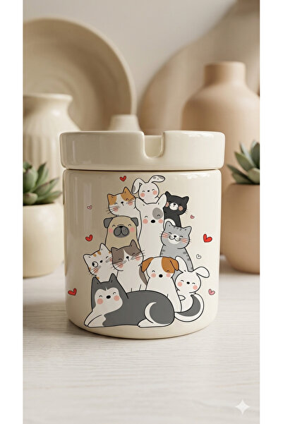 Eylül Design Sevimli Kediler Baskılı Özel Tasarım Baskılı Seramik Küllük Koku...