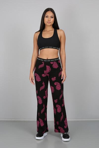 Black Pink Ethnic Pattern Striped Wide Leg Trousers