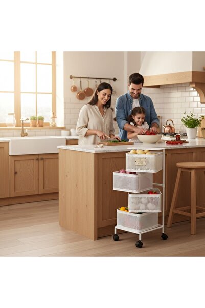 Simply Now 4 Katlı Kare Tekerlekli Sebzelik Fileli Metal Organizer Beyaz 68 cm