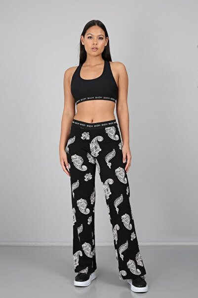 Banadamoda Παντελόνι με φαρδύ πόδι με μαύρο έθνικ σχέδιο και λεπτομέρεια ρίγες