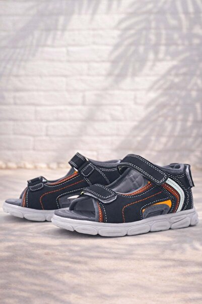 Rakerplus Genuine Leather Navy Blue Red Velcro Children's Sandals