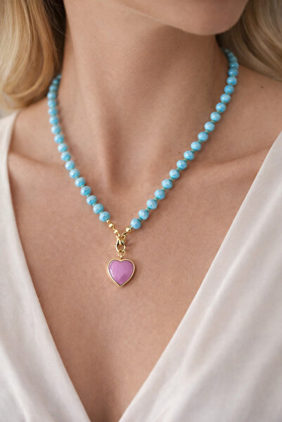 Helen Atelier Artemis - Mavi Boncuklu Lila Taşlı Kalp Charm Kolye
