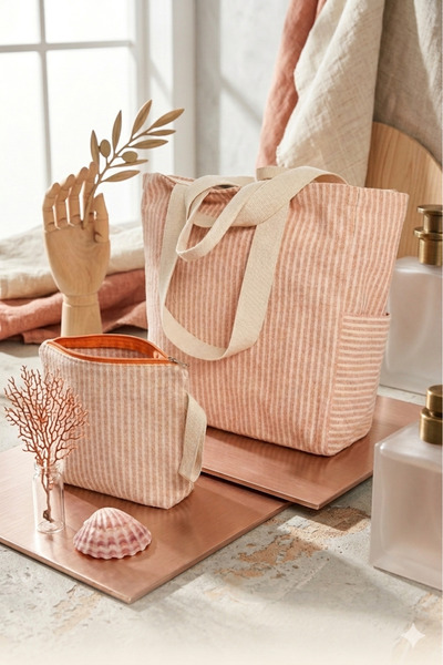 Faralya Life %70 Pamuk %30 Polyester Çift Saplı Çizgili Çanta 50x42 cm ve Mak...