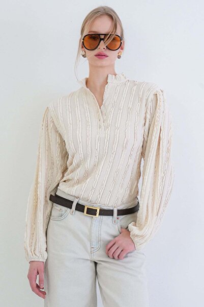 Trend Alaçatı Stili Γυναικεία Μπλούζα Πουκάμισο από Ύφασμα με Βολάν, Μανίκια ...