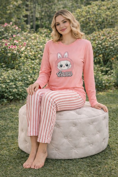 rindahomewear Γυναικείο Σετ Πιτζάμες με Μακρυμάνικο Στάμπα Labubu από Μονό Ύφ...