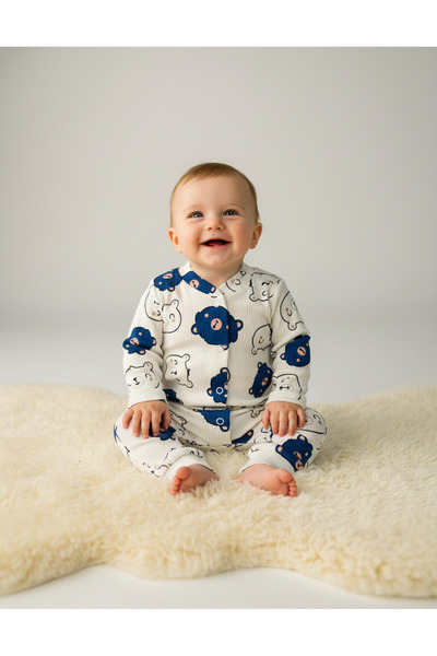 minço bebe Erkek Bebek Tulum %100 Pamuk Ayı Baskılı Çıtçıtlı Patiksiz Esnek R...