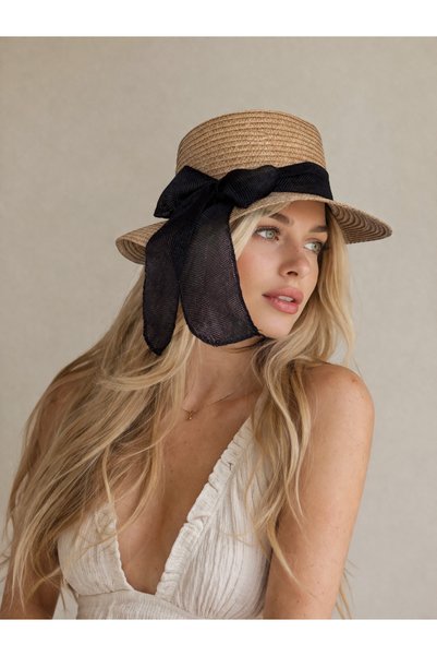 Şirin Giyim Aksesuar Women's Beige Straw Hat with Ribbon and Black Ribbon Bow...