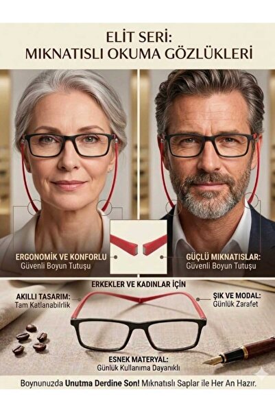 Trend Milano Unisex Mıknatıslı Yakın Okuma Gözlüğü-Esnek Saplı-Siyah/Kahverengi ve Siyah Kırmızı Saplı Seçenekli