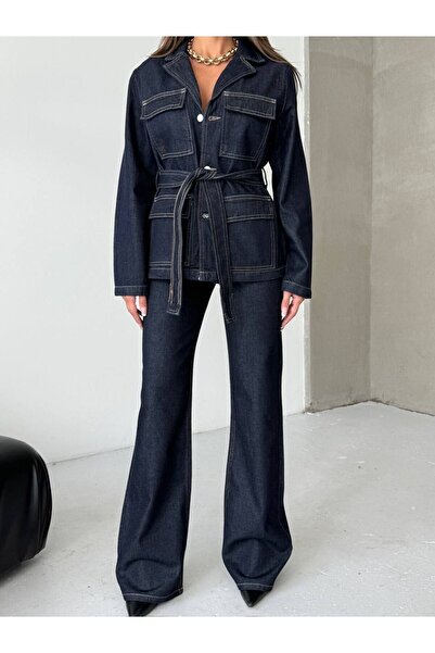HerTon Σετ Σκούρο Τζιν Μπουφάν με Ζώνη & Παντελόνι Flare – Πολυτελές Σετ Δύο ...