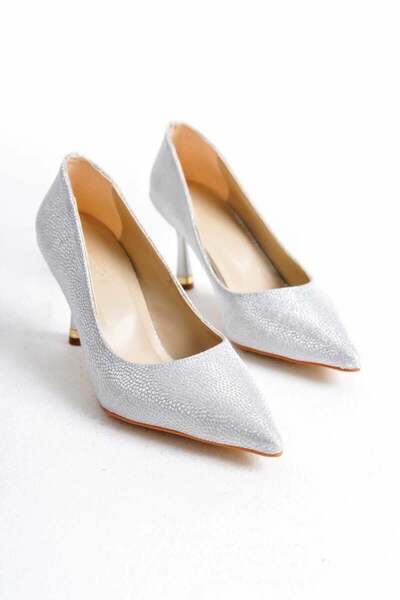 v.s.h velvet Silver Shiny Metallic Mid Heels Pointed Toe Pearl Detail Stilett...