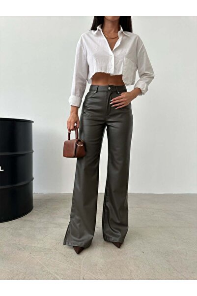 HerTon Δερμάτινο παντελόνι με σκισίματα - Δερμάτινο παντελόνι με ψηλόμεσο κόψιμο