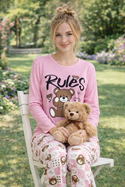 rindahomewear Γυναικείο Σετ Πιτζάμες με Μακρυμάνικο Ζέρσεϊ με Στάμπα Αρκουδάκι