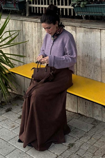 ZÜLAYS Parçalı Süet Etek Kahverengi