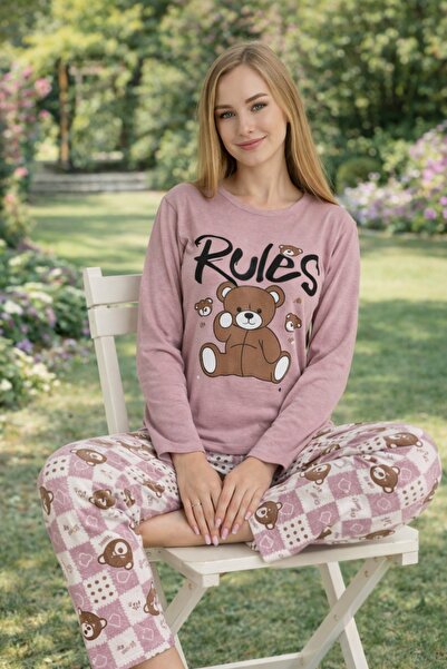 rindahomewear Γυναικείο Σετ Πιτζάμες με Μακρυμάνικο Ζέρσεϊ με Στάμπα Αρκουδάκι