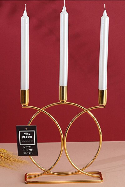 mba decor metal bending art Metal Geometrik 3 Lü ( Üçlü ) Gold Şamdan Mumluk Dekoratif Mumluk 23cm Paslanmaz Kaplama Ev Dekorasy