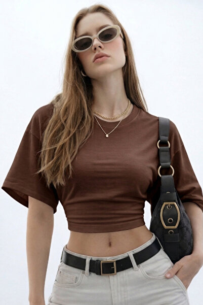 COMBİNE MİCHAİL Γυναικεία Μπλούζα Basic με Λεπτομέρεια στη Μέση σε Καφέ Χρώμα