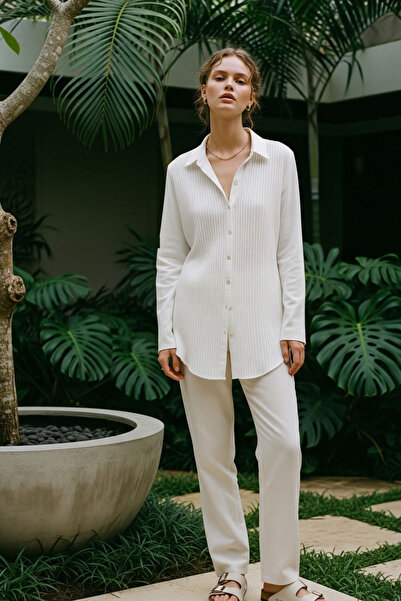 COMBİNE MİCHAİL Νέα σεζόν Γυναικείο Φαρδύ Καλοκαιρινό Πουκάμισο Λευκό