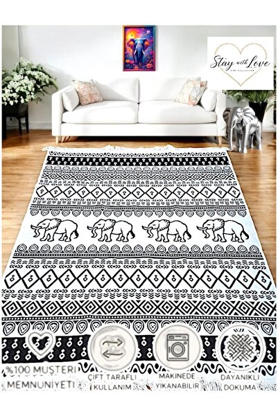 stay with love Filli Kilim Çift Taraflı Kilim Fil Desenli Yıkanabilir Pamuklu...