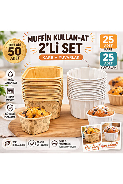 kalitexhome Muffin kare ve yuvarlak Kullan-At 2’li Set (Toplam 50 Adet)Fırın ...
