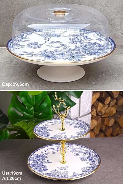 Pinkev Butterfly 2li Set Seramik Kek Fanusu Katlı Kurabiyelik Pasta Sunum Tabağı