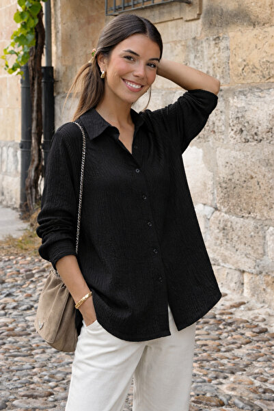 COMBİNE MİCHAİL Women's Cotton Pack Long Sleeve Oversized Black Shirts