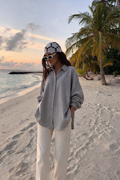 COMBİNE MİCHAİL Women's Linen Look Summer Gray Loose Shirt