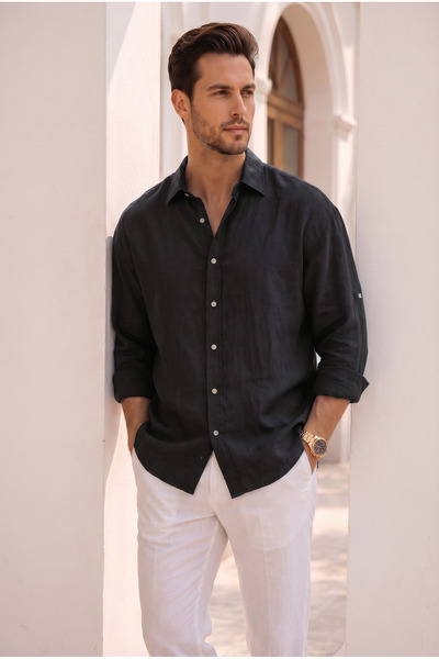 Mero Life Ανδρικό πουκάμισο με μανίκια από ύφασμα μουσελίνας, άνετο και αναπν...