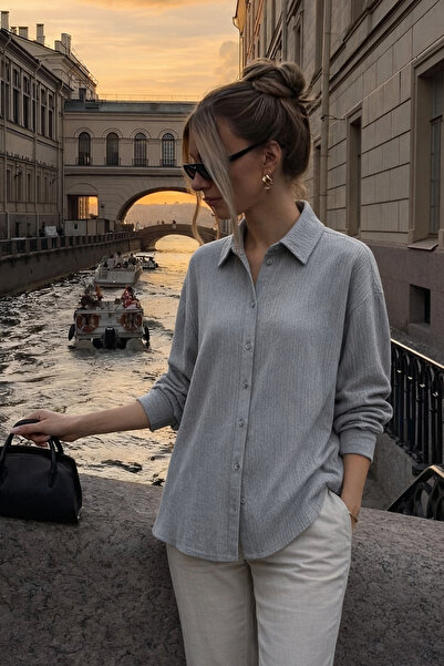 COMBİNE MİCHAİL Women's Linen Look Oversized Gray Shirt