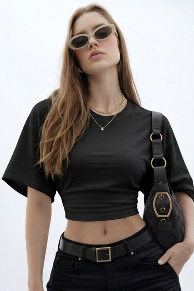 COMBİNE MİCHAİL Γυναικεία Μπλούζα Basic με Λεπτομέρεια στη Μέση, Μαύρη Crop Μ...