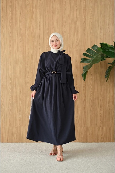 RFK Butik Women's New Season Dress with Belt Detail and Tie Collar - Navy Blue