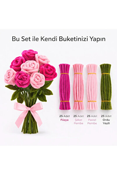 Genel Markalar 100 Adet Renkli Şönil Seti – Fuşya,Şeker Pembe, Pastel Pembe ve Ordu Yeşili