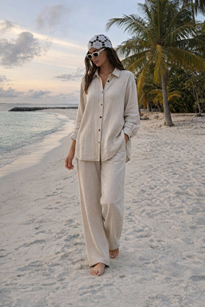 COMBİNE MİCHAİL Γυναικείο πουκάμισο Λινό Look Summer Beige Loose