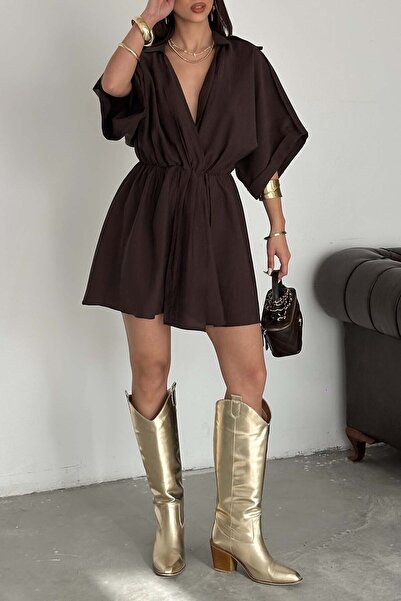 XXL BUTİK Γυναικείο Bitter Brown Luna Modal Μίνι Φόρεμα με διπλό στήθος ESR063